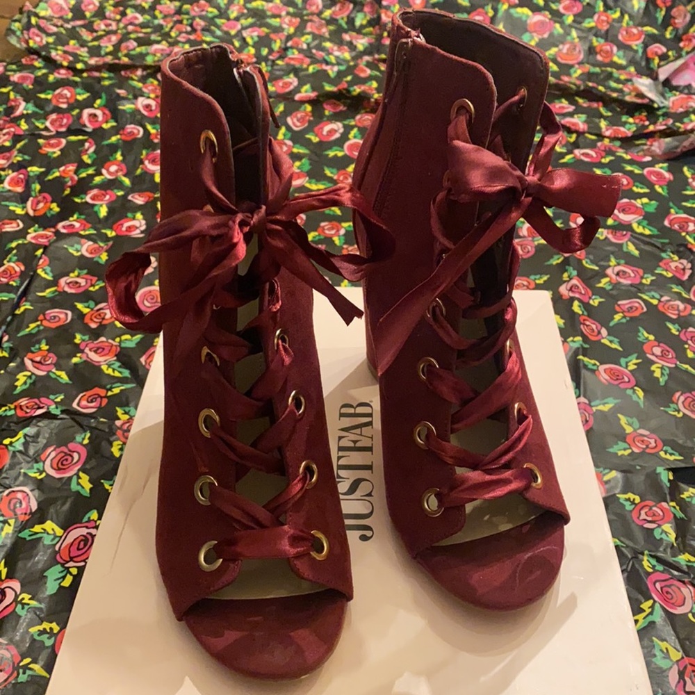 JustFab Burgundy Lace Up Booties